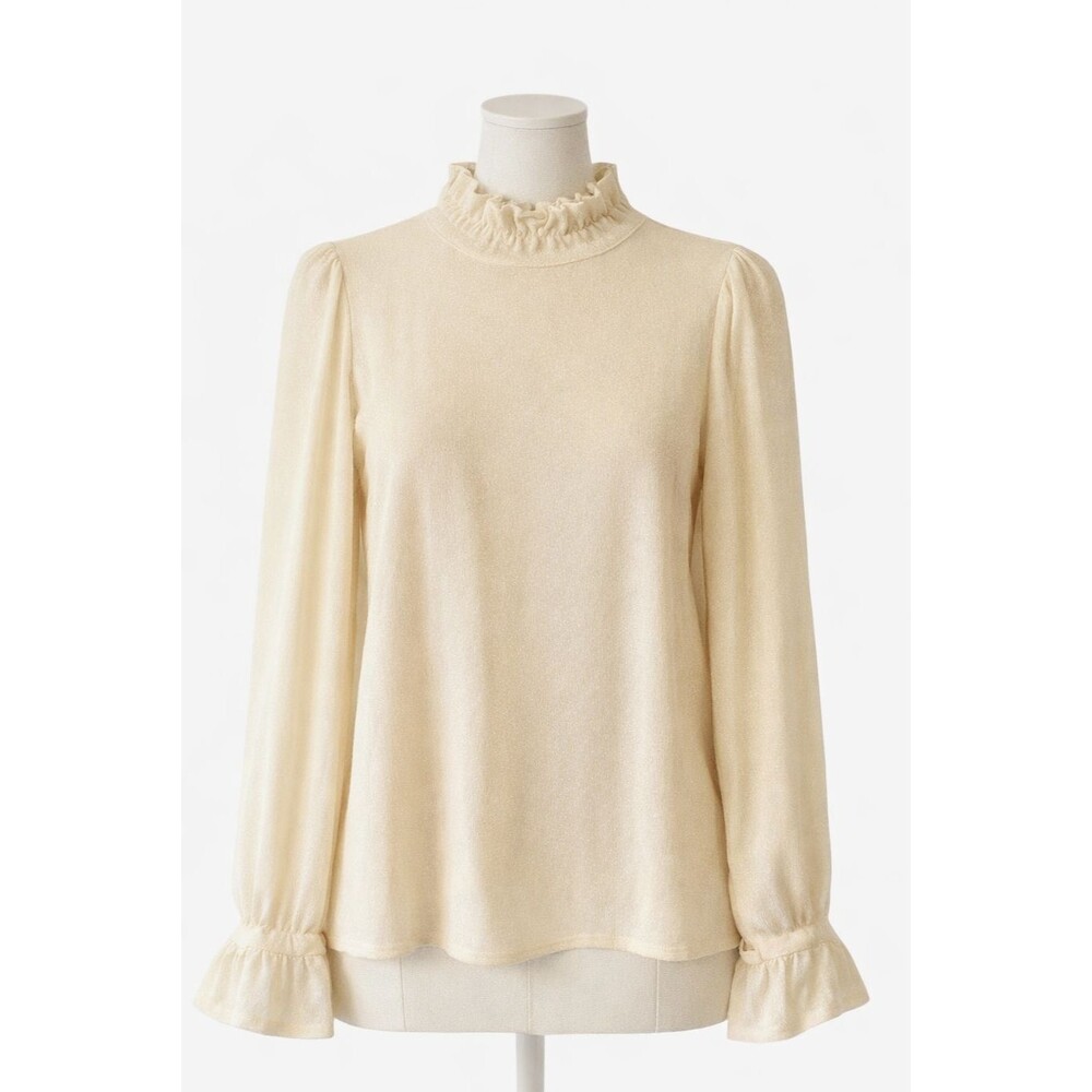 Mazik Waffle Knit Top Ladies Ruffle Neck Cream Knob Fabric Lined Small NWT